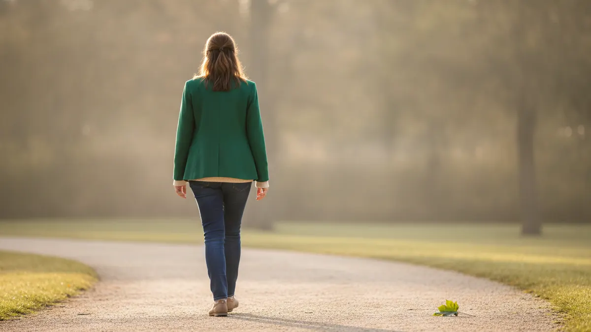Ötven körüli nő sétál a parkban, a menopauza és a testsúly témájához