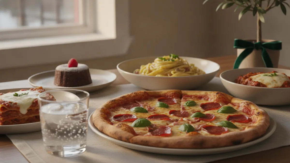 Nagy tál pizza és pohár bor egy vacsoraasztalon, mellette telefon