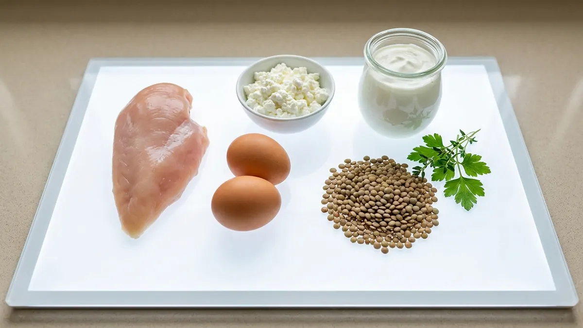 Csirkemell, tojás, túró és görög joghurt konyhai mérlegen fehérje adagoláshoz