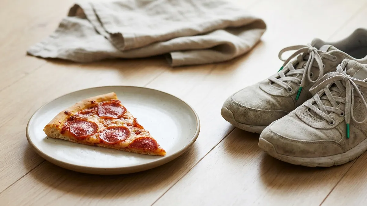 Egy szelet pizza mellett futócipő és okosóra, kalória és mozgás összevetése