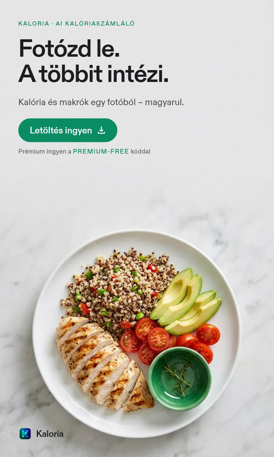 Kaloria – AI kalóriaszámláló app: fotózd le az ételt, a kalóriát és a makrókat az app számolja. Letöltés ingyen.