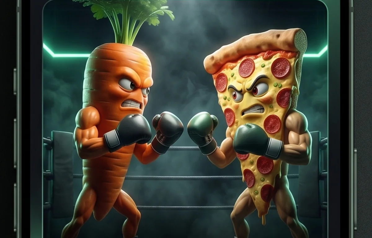 Répa és pizza bokszol egy ringben – a Kaloria illusztrációja